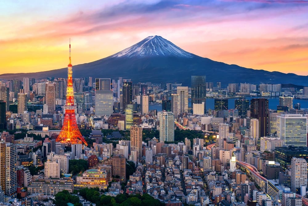 Tokyos pulserende bylandskab set fra oven med det majestætiske Mount Fuji i horisonten.
