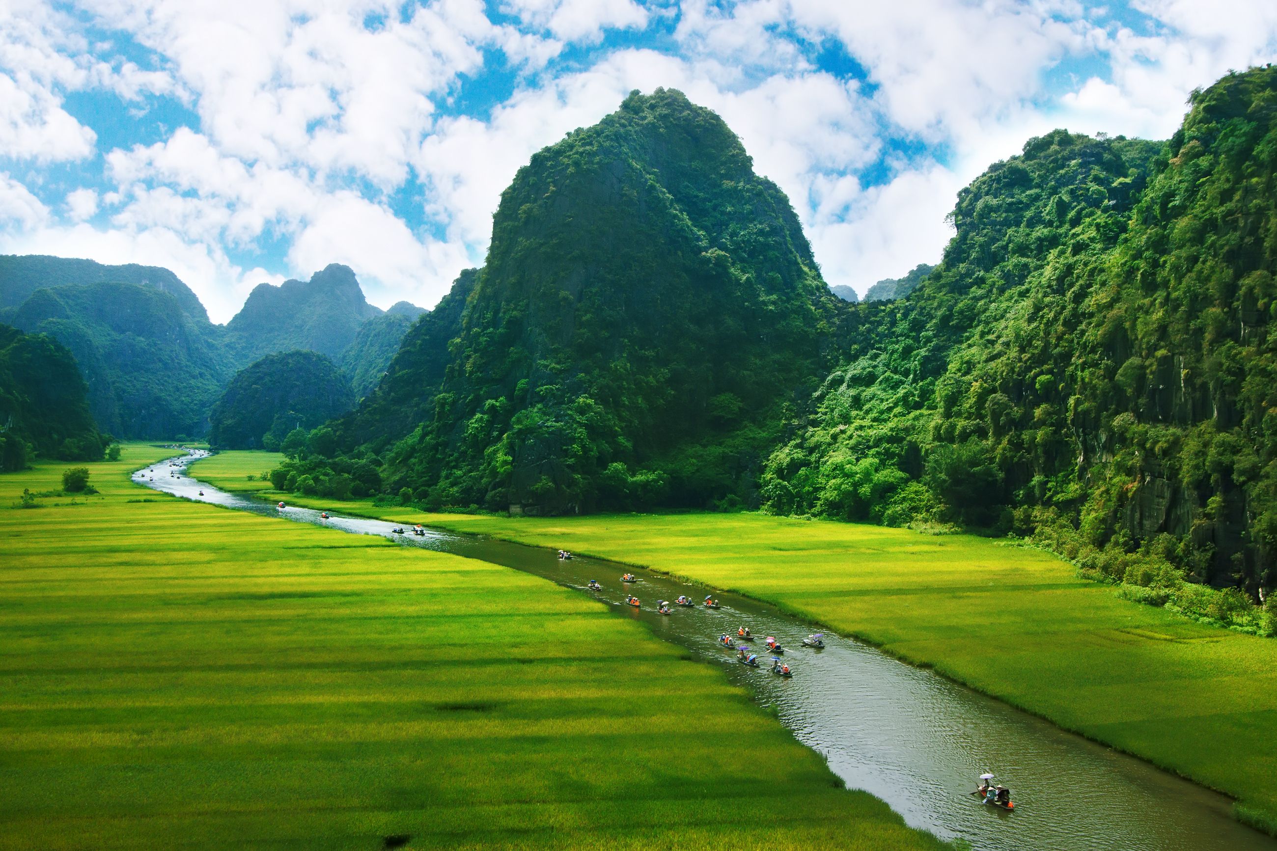 Rismarker og flod i Ninh Binh, Vietnam – frodigt landskab med grønne marker, traditionelle landsbyer og idyllisk flodmiljø.