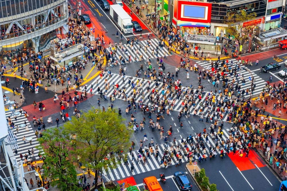 Shibuya Crossing i Tokyo, Japan, set om eftermiddagen med travle fodgængere og byens livlige bylandskab i baggrunden