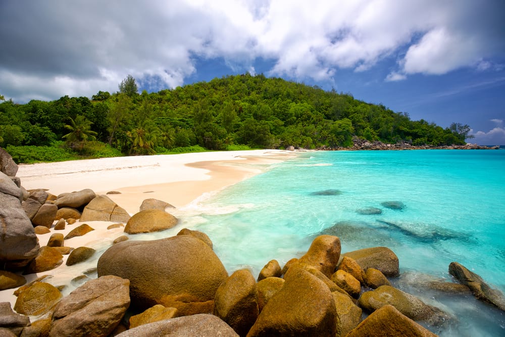 Anse Georgette på Praslin – en af Seychellernes mest afsidesliggende strande med kridhvidt sand og klart vand omgivet af frodig natur.