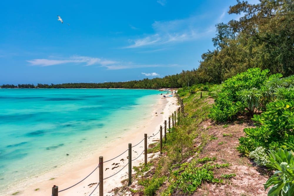 Luftfoto af Mont Choisy-stranden i Grand Baie, Mauritius.