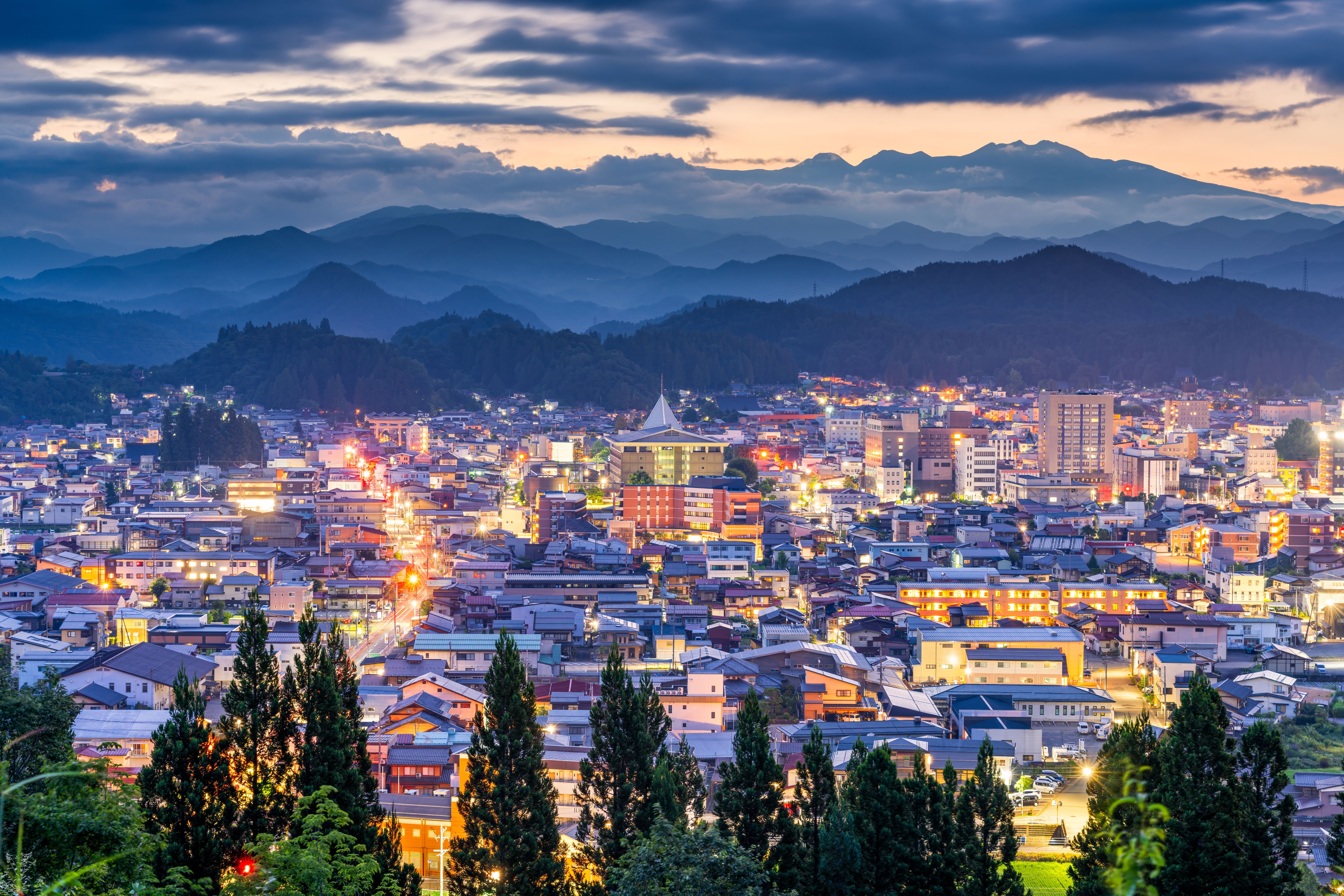 Downtown skyline i Takayama, Gifu, Japan.