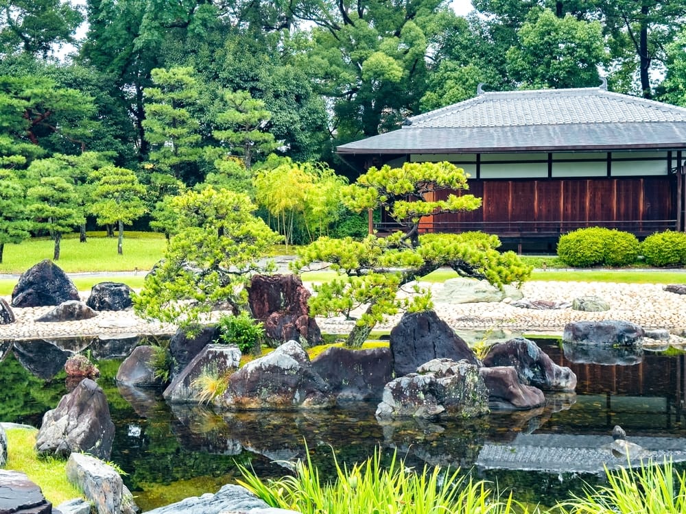 Nijo Castle i Kyoto, Japan – historisk borg under regn, omgivet af traditionelle haver.