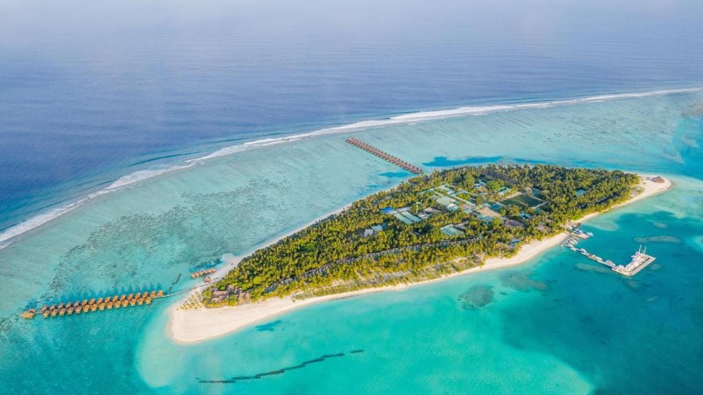 Dronefoto af Meeru Island Resort med pool, strand og palmer