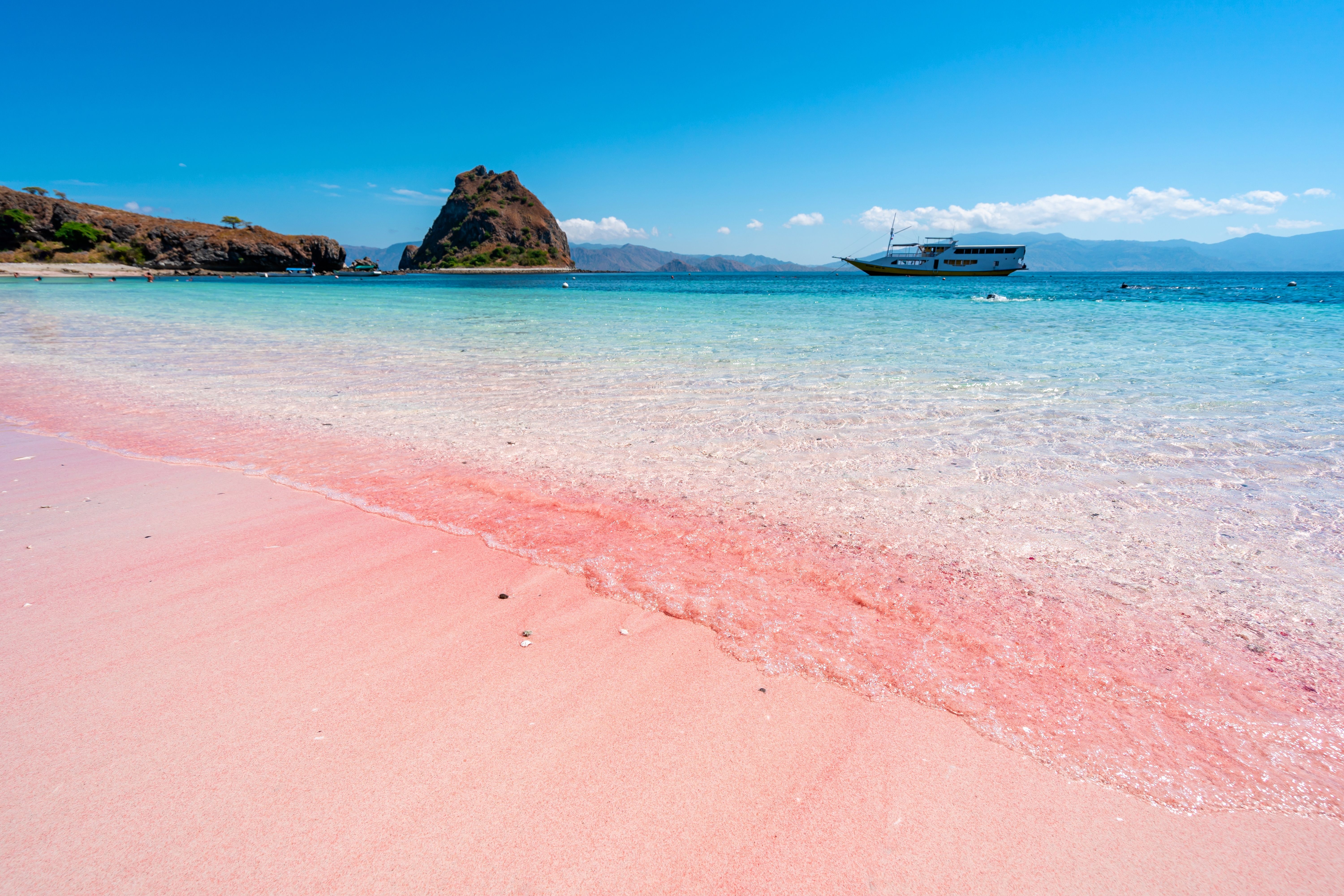 Rosafarvet strand og turkisblåt hav ved Pink Beach, Komodo National Park, Indonesien.