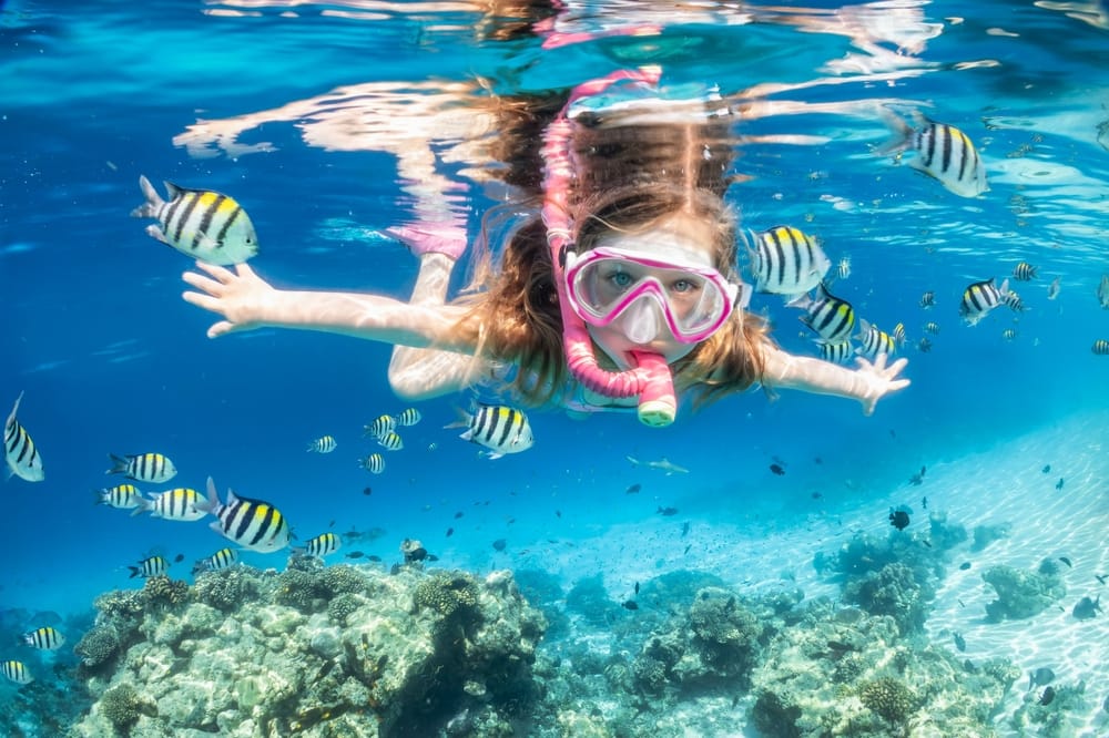 Barn snorkler over lavvandet koralrev omgivet af små farverige fisk på Maldiverne.