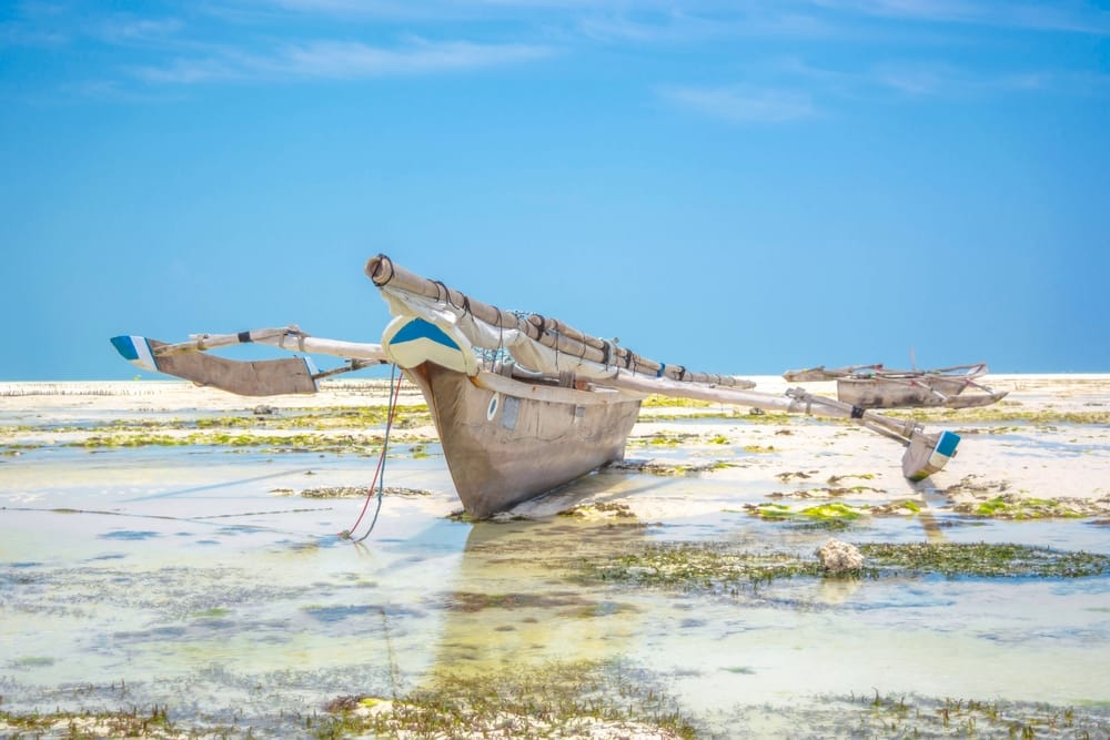 Traditionel dhow-båd på stranden på Zanzibar med Det Indiske Ocean i baggrunden.