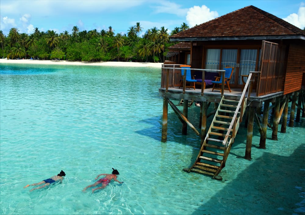 Par snorkler i det klare turkise vand ved Meeru Island Maldives
