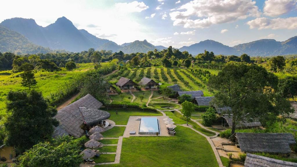 Oversigtsbillede af Wild Glamping Gal Oya med glampingtelte placeret i frodige, naturlige omgivelser i Sri Lanka.