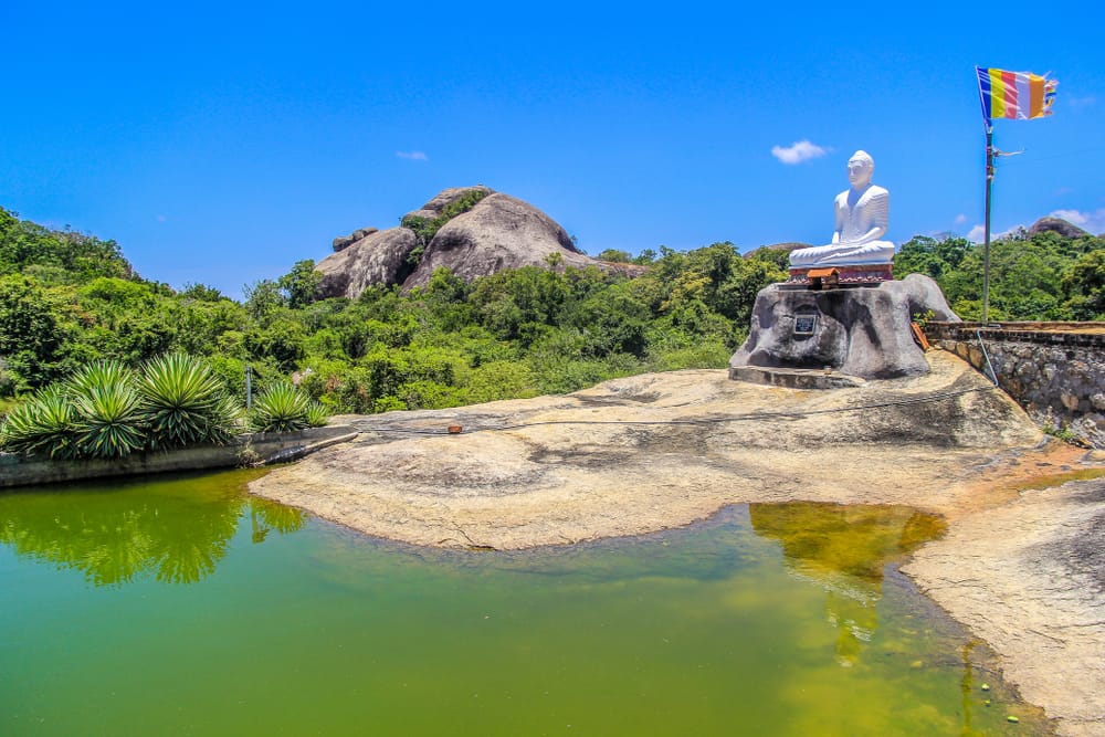 Hvid Buddha-statue på klippe omgivet af grøn natur i Sri Lanka.
