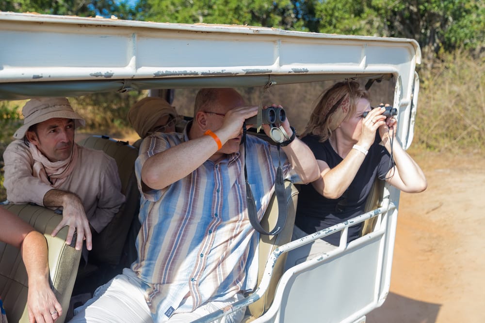 Turister på safari i åbent køretøj i Yala Nationalpark med savannelandskab og vegetation omkring.