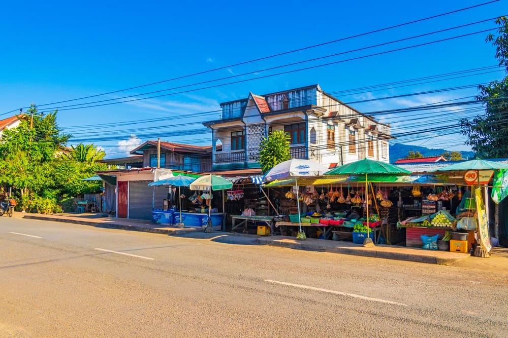 Farverigt madmarked i Luang Prabang, Laos, med lokale handlende og friske råvarer