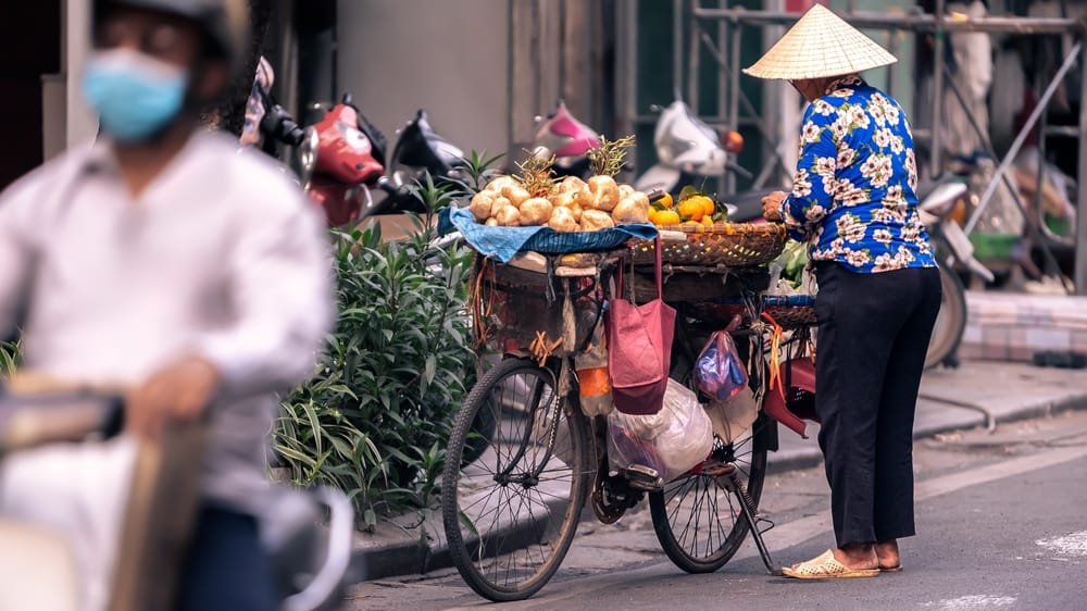 Vietnamesisk gadesælgerkvinde i traditionelt tøj med nón lá-hat og kurve fyldt med friske råvarer.