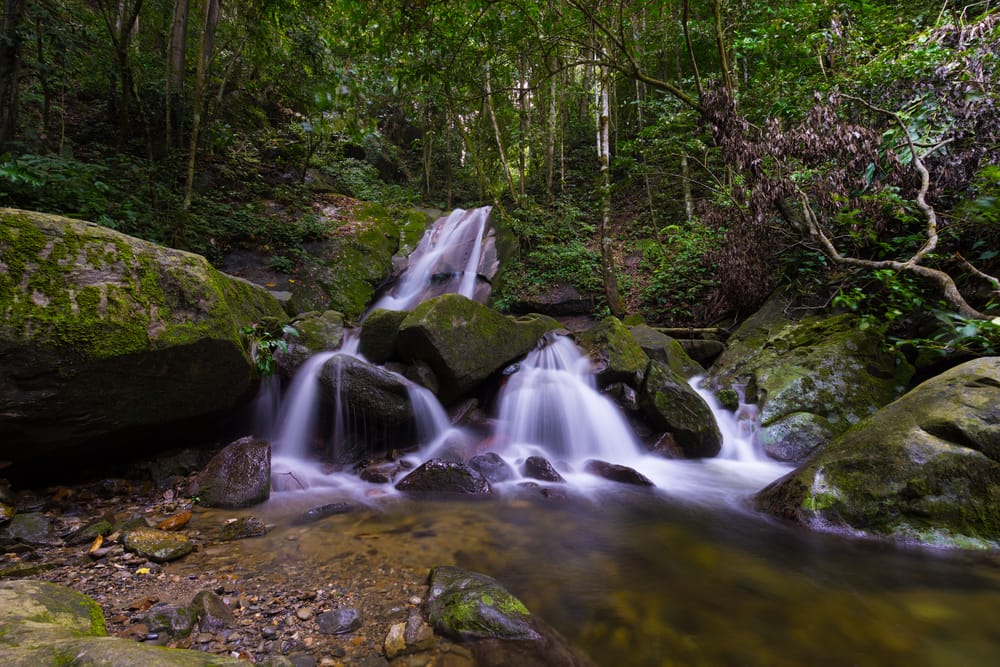 Vandfald ved Poring Hot Springs ved foden af Mount Kinabalu i Sabah, omgivet af frodig regnskov og de varme kilders naturlige damp.