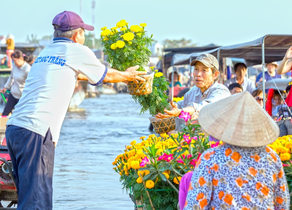 Landmænd i Can Tho, Vietnam, sælger potteplanter og blomster på et lokalt marked