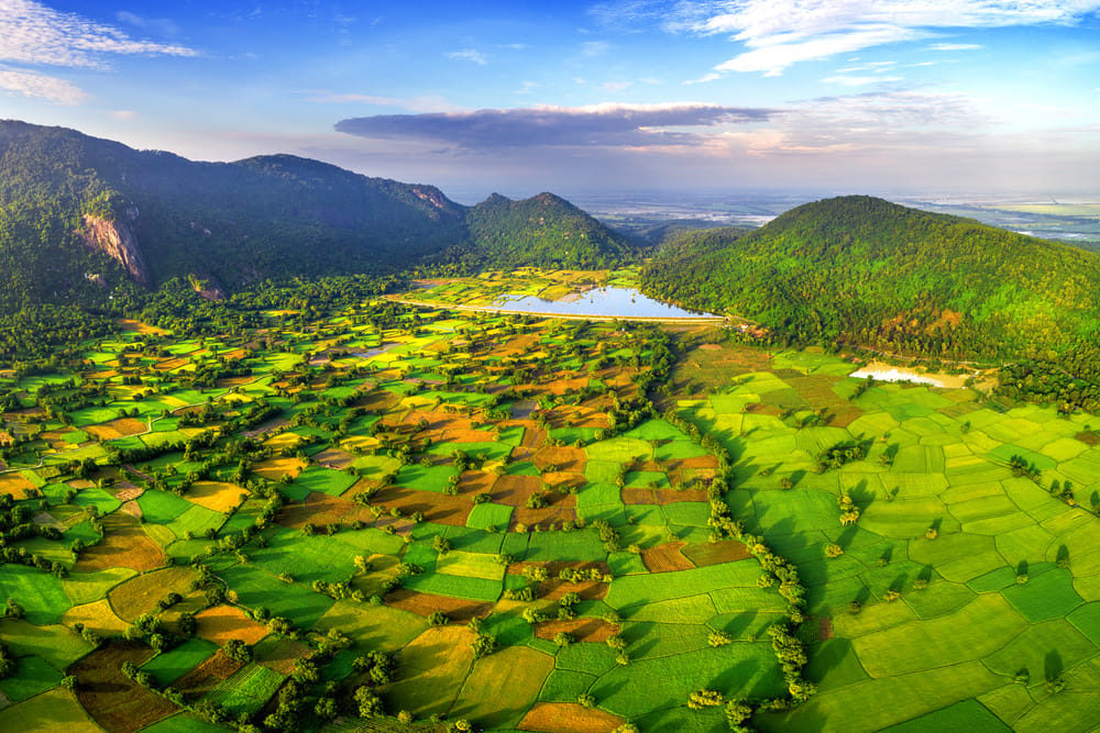 Luftfoto af farverige rismarker og bakker i Mekongdeltaet, An Giang-provinsen, Vietnam