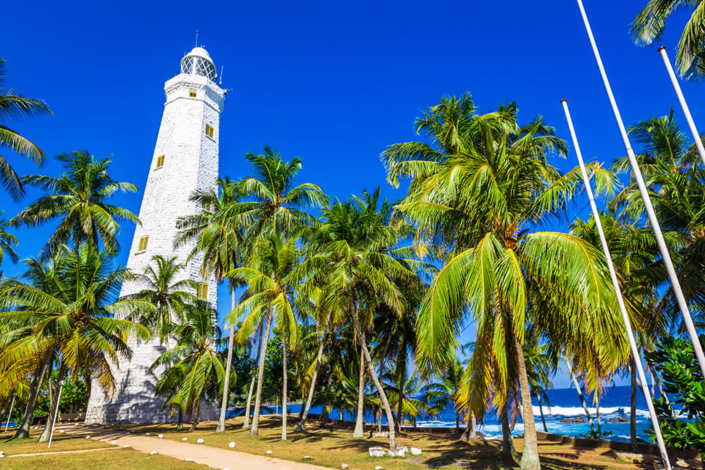 Smuk strand i Negombo med fyrtårn, palmer og Det Indiske Ocean i Sri Lanka.