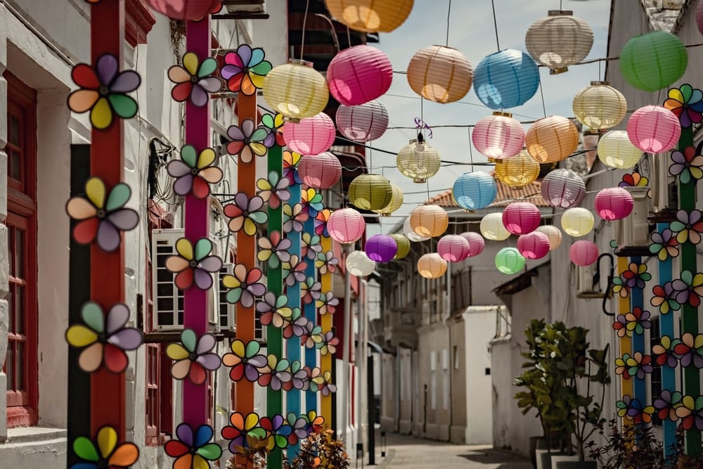 Farverige lanterner og dekorationer i en smal gade i George Town på Penang