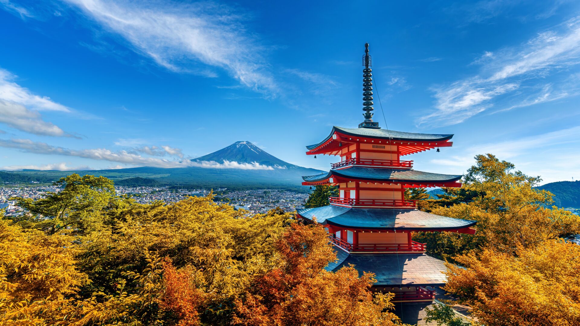 Chureito Pagoda står smukt blandt efterårets farver med det majestætiske Mount Fuji i baggrunden