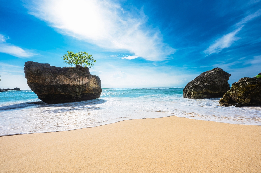 Smuk strandscene fra Padang Beach på Bali, Indonesien – idyllisk tropisk strand med hvidt sand, klart vand og palmer.