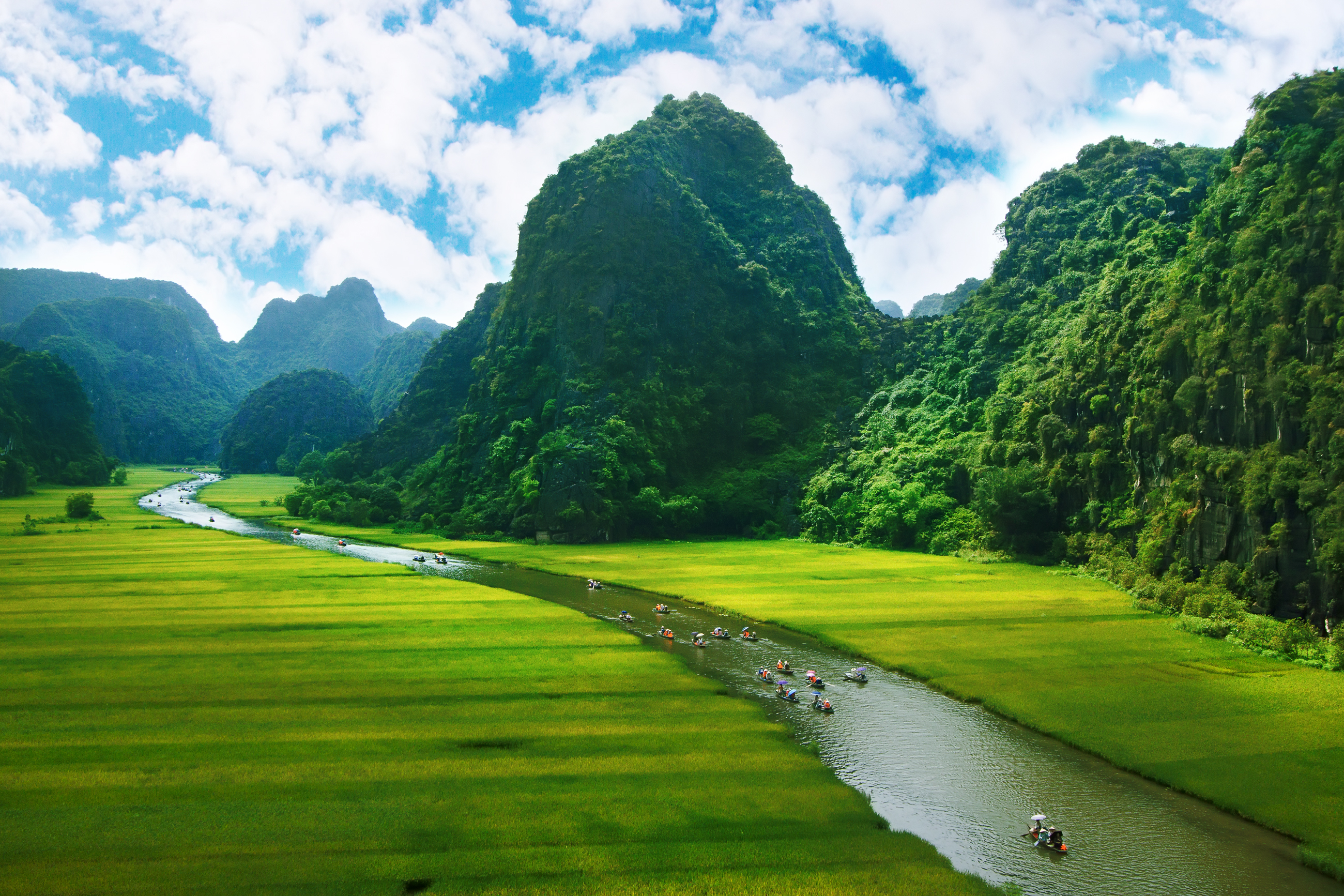 Rismarker og flod i Ninh Binh, Vietnam – frodigt landskab med grønne marker, traditionelle landsbyer og idyllisk flodmiljø.